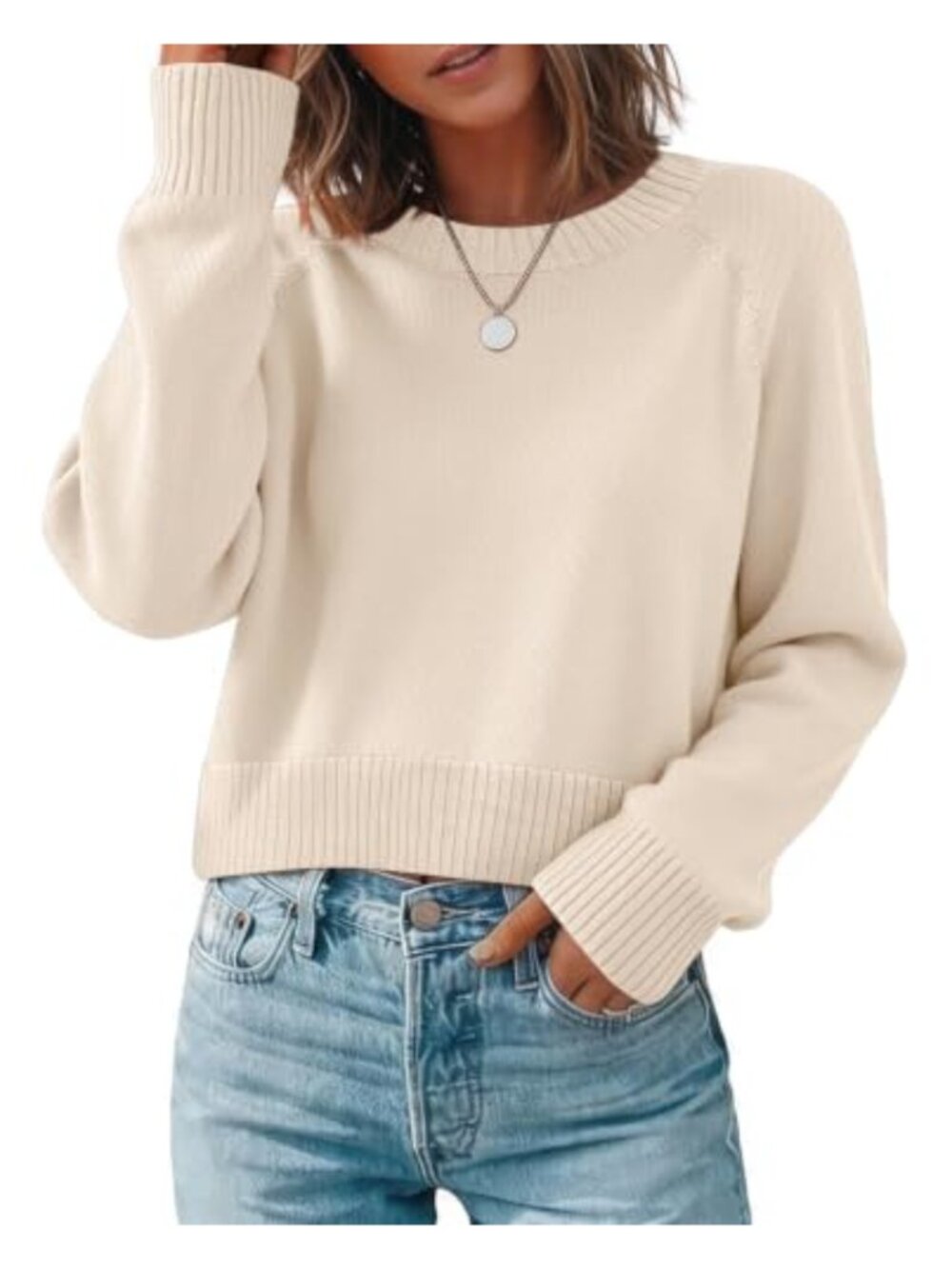 Cropped Sweater Long Sleeve Crewneck Pullover Knit Casual Fall Winter